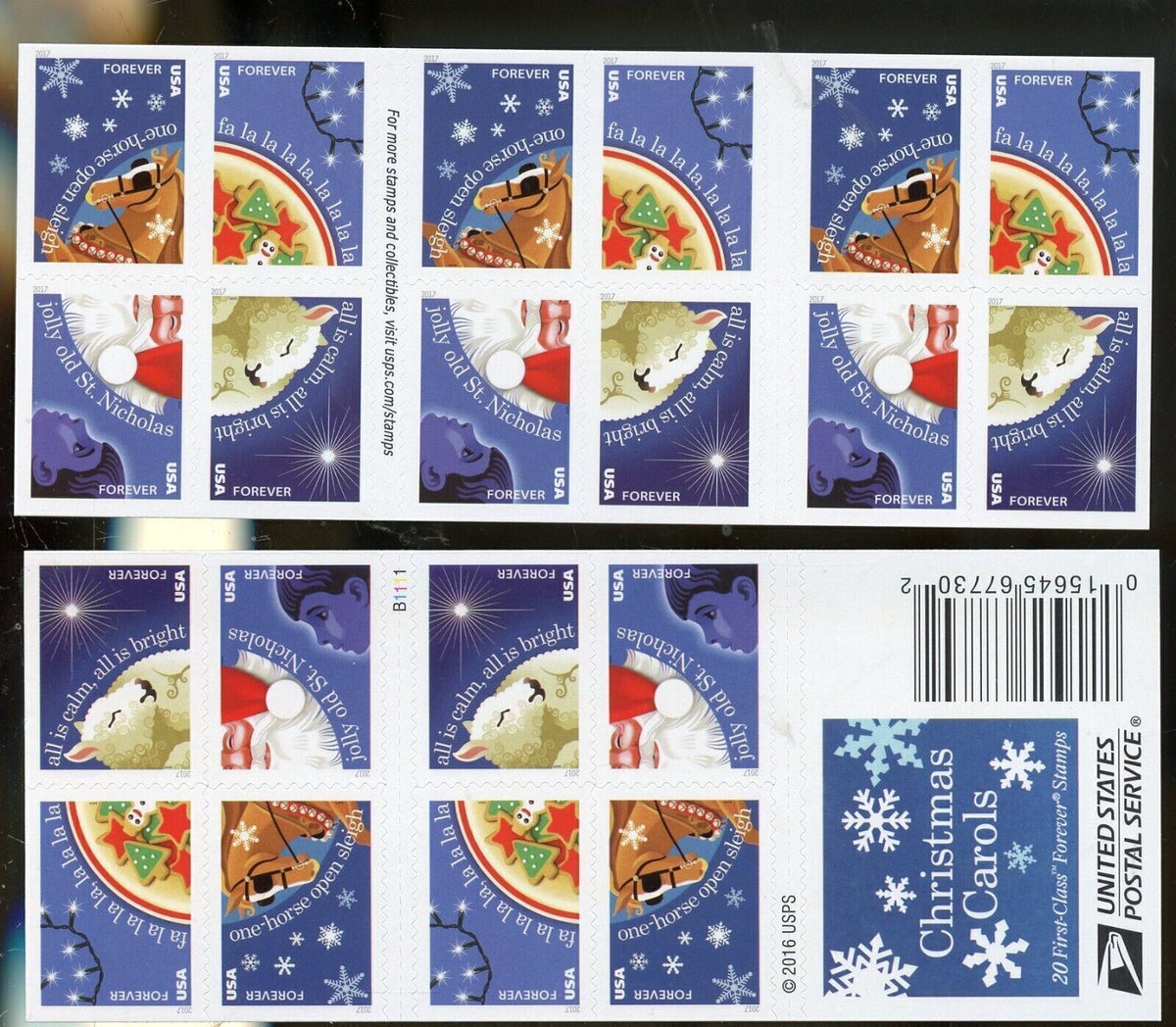 2017 USPS Christmas Carols Forever Stamps Booklet of 20 (4 Designs)