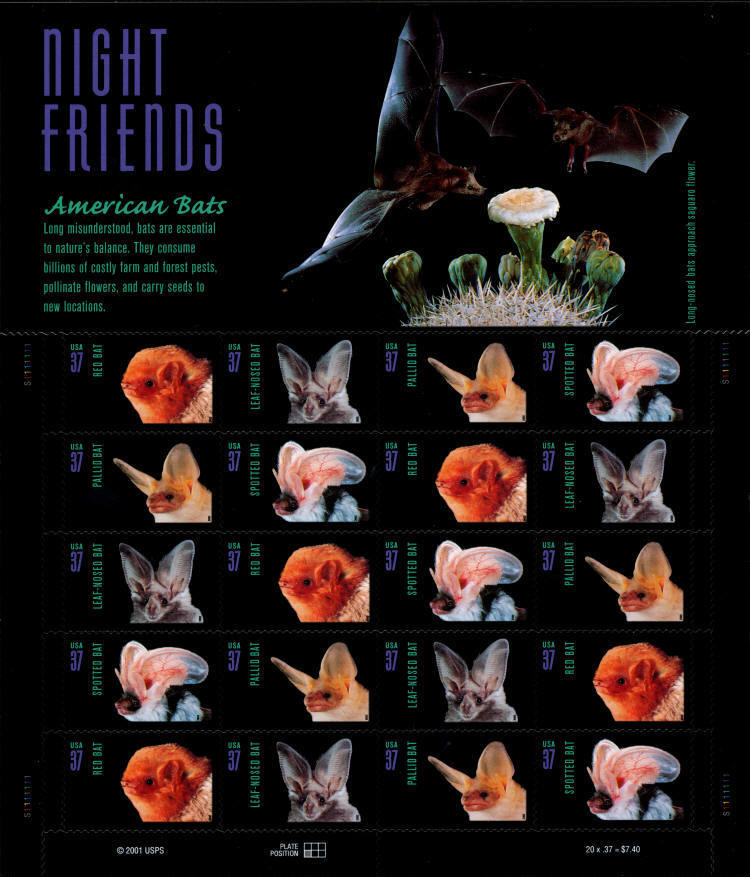 USPS 2002 Night Friends American Bats Stamps Sheet of 20 - Mint (Scott #3661-3664)