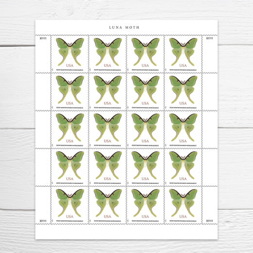 USPS Luna Moth Non-Machineable Surcharge Stamps Sheet of 20