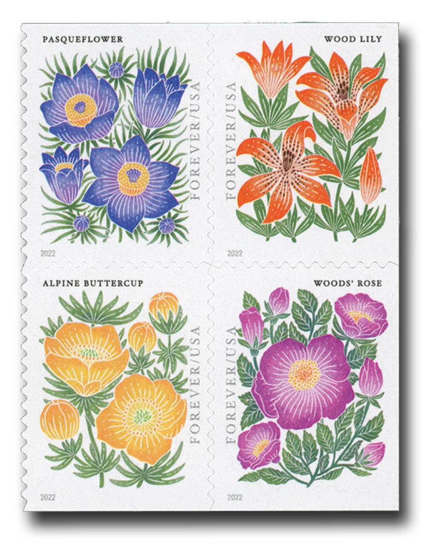 USPS 2022 Mountain Flora Forever Stamps Booklet of 20 - Mint (4 Designs, Scott #5676-5679)
