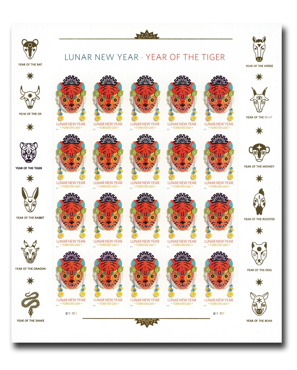 2022 USPS Lunar New Year Year of the Tiger Forever Stamps Pane of 20