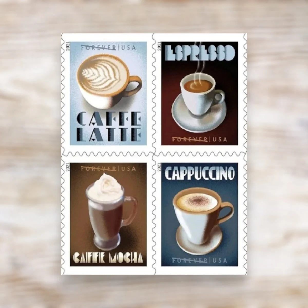 USPS 2021 Espresso Drinks Forever Stamps Booklet of 20 - Mint (4 Designs, Scott #5569-5572)