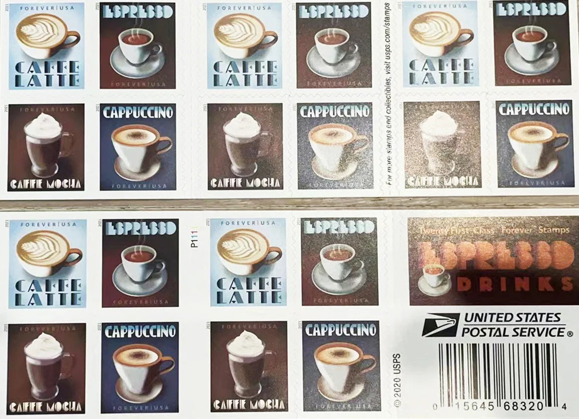 USPS 2021 Espresso Drinks Forever Stamps Booklet of 20 - Mint (4 Designs, Scott #5569-5572)