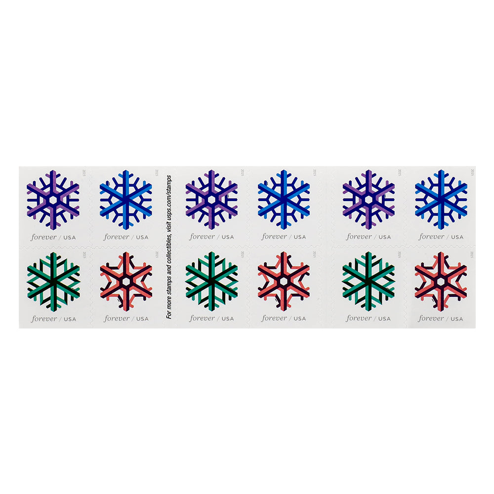 USPS 2015 Geometric Snowflakes Forever Stamps Booklet of 20 - Mint (4 Designs, Scott #5031-5034)