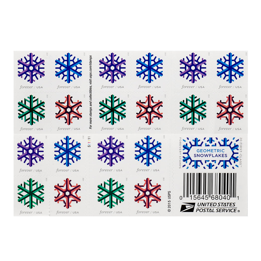 USPS 2015 Geometric Snowflakes Forever Stamps Booklet of 20 - Mint (4 Designs, Scott #5031-5034)
