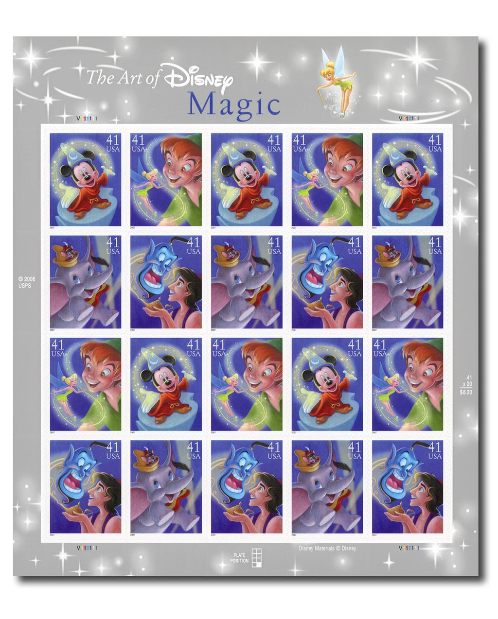 2007 USPS The Art of Disney: Magic Stamps Pane of 20