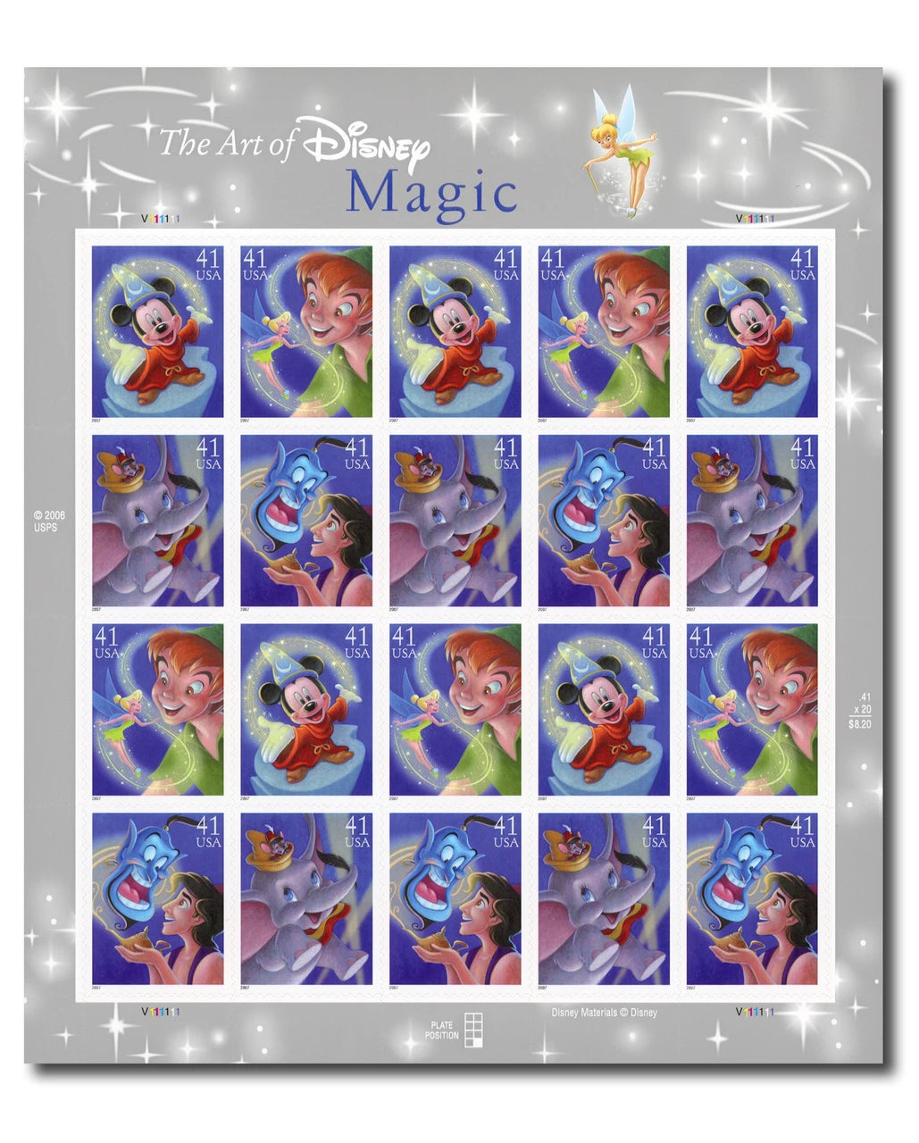 2007 USPS The Art of Disney: Magic Stamps Pane of 20