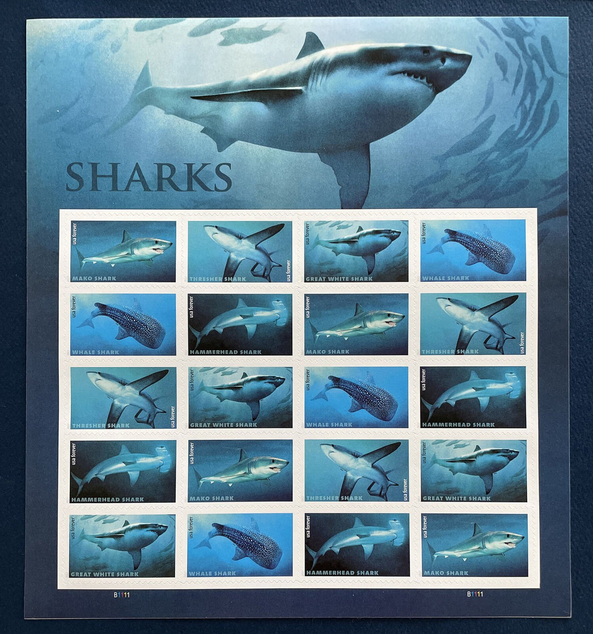 2017 USPS Sharks Forever Stamps Pane of 20 (5 Designs)