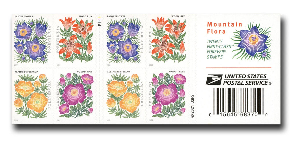 USPS 2022 Mountain Flora Forever Stamps Booklet of 20 - Mint (4 Designs, Scott #5676-5679)