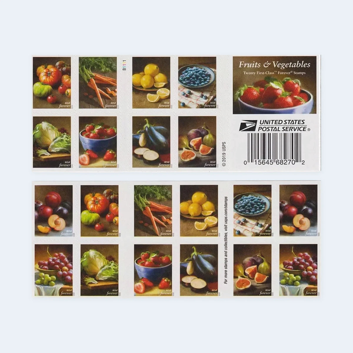 USPS 2020 Fruits & Vegetables Forever Stamps Booklet of 20 - Mint (10 Designs, Scott #5484-5493)