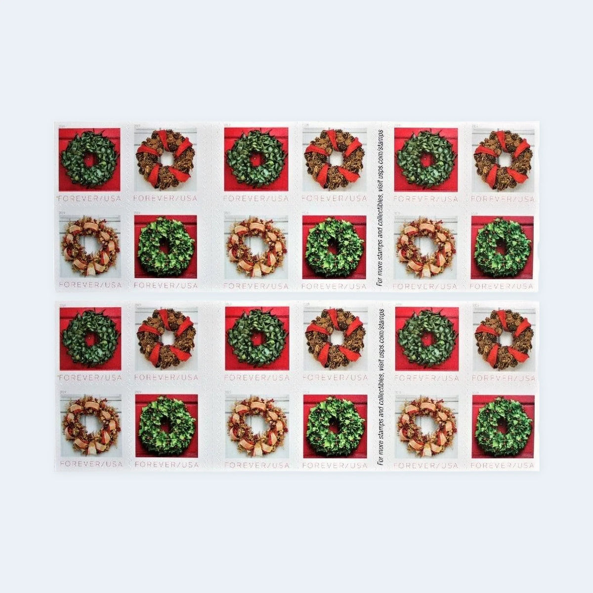 USPS 2019 Holiday Wreaths Forever Stamps Booklet of 20 - Mint (4 Designs, Scott #5424-5427)
