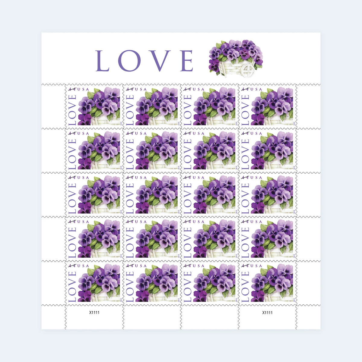 2010 USPS Love: Pansies in a Basket Stamps Pane of 20