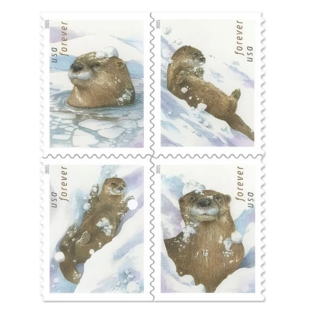 USPS 2021 Otters in Snow Forever Stamps Booklet of 20 - Mint (4 Designs, Scott #5648-5651)