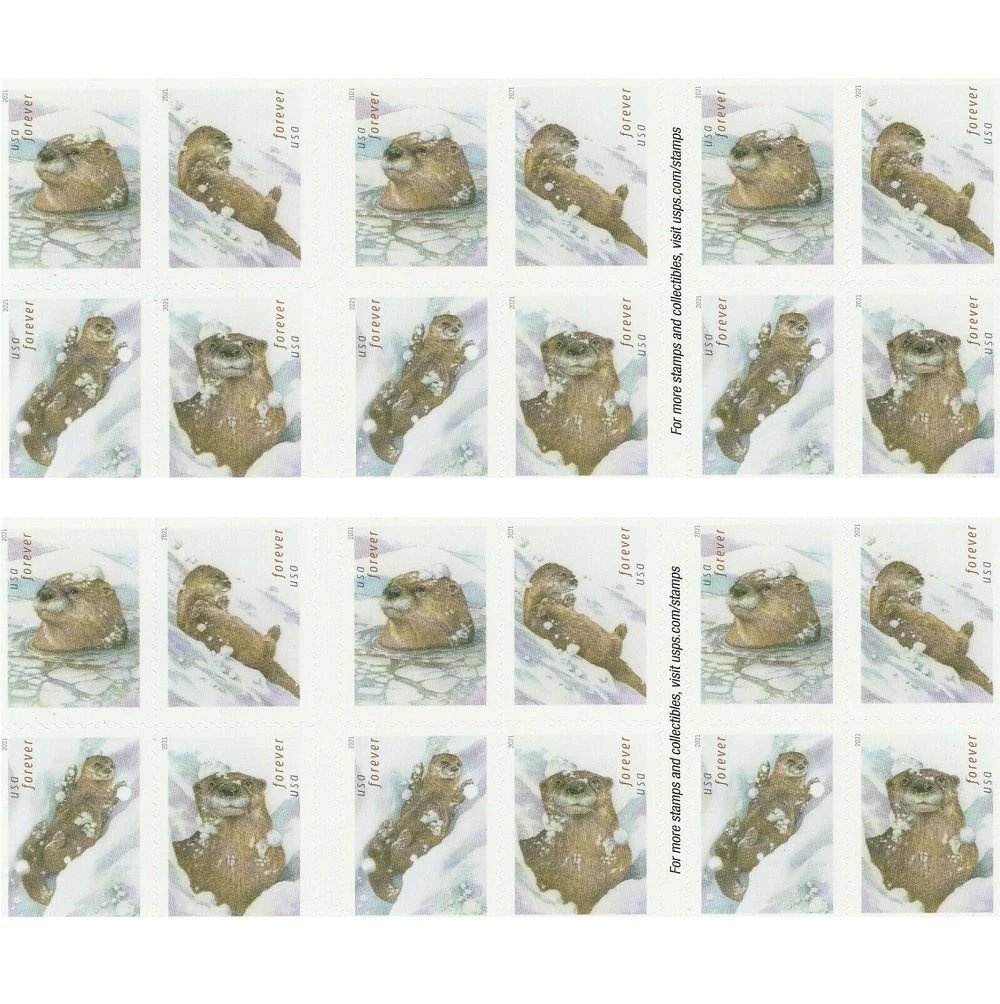 USPS 2021 Otters in Snow Forever Stamps Booklet of 20 - Mint (4 Designs, Scott #5648-5651)