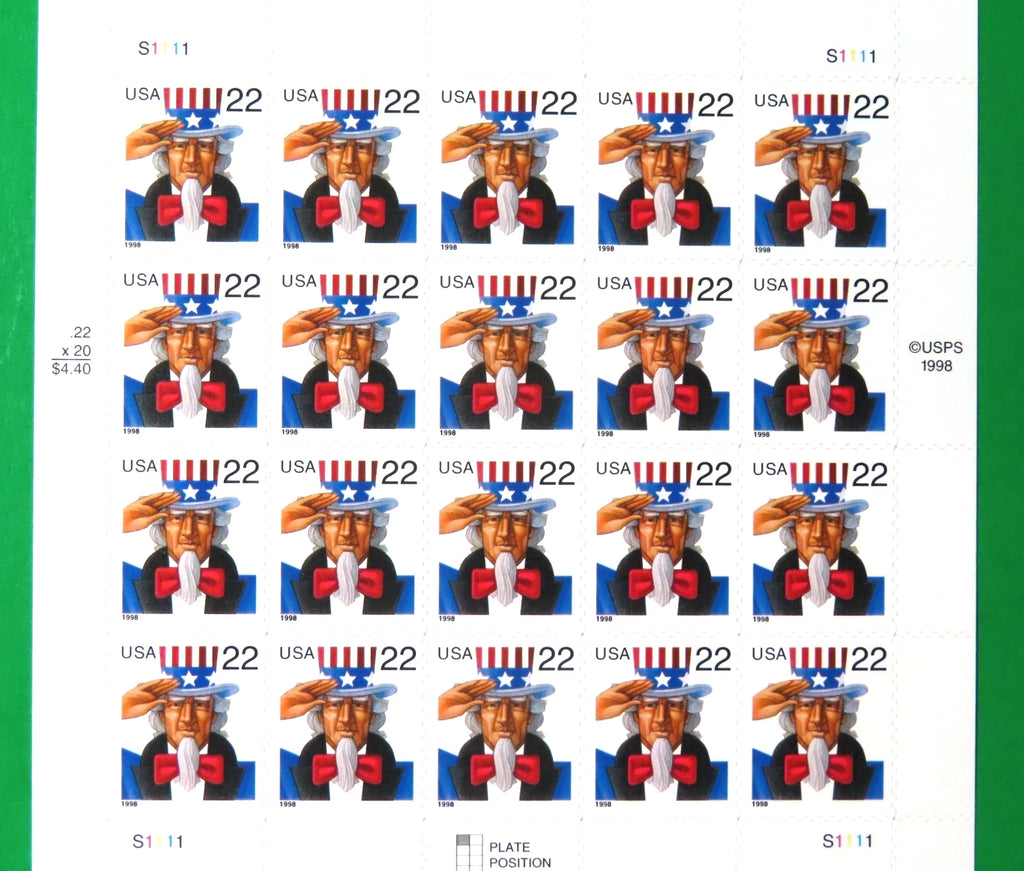 1998 USPS Uncle Sam 22¢ Stamps Pane of 20