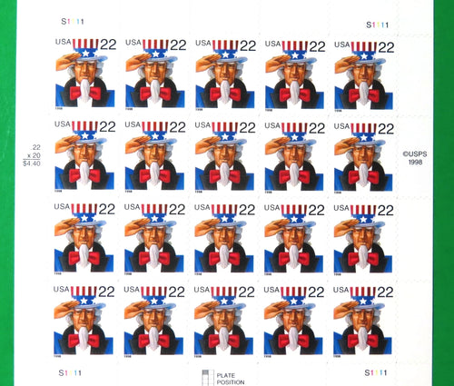 1998 USPS Uncle Sam 22¢ Stamps Pane of 20