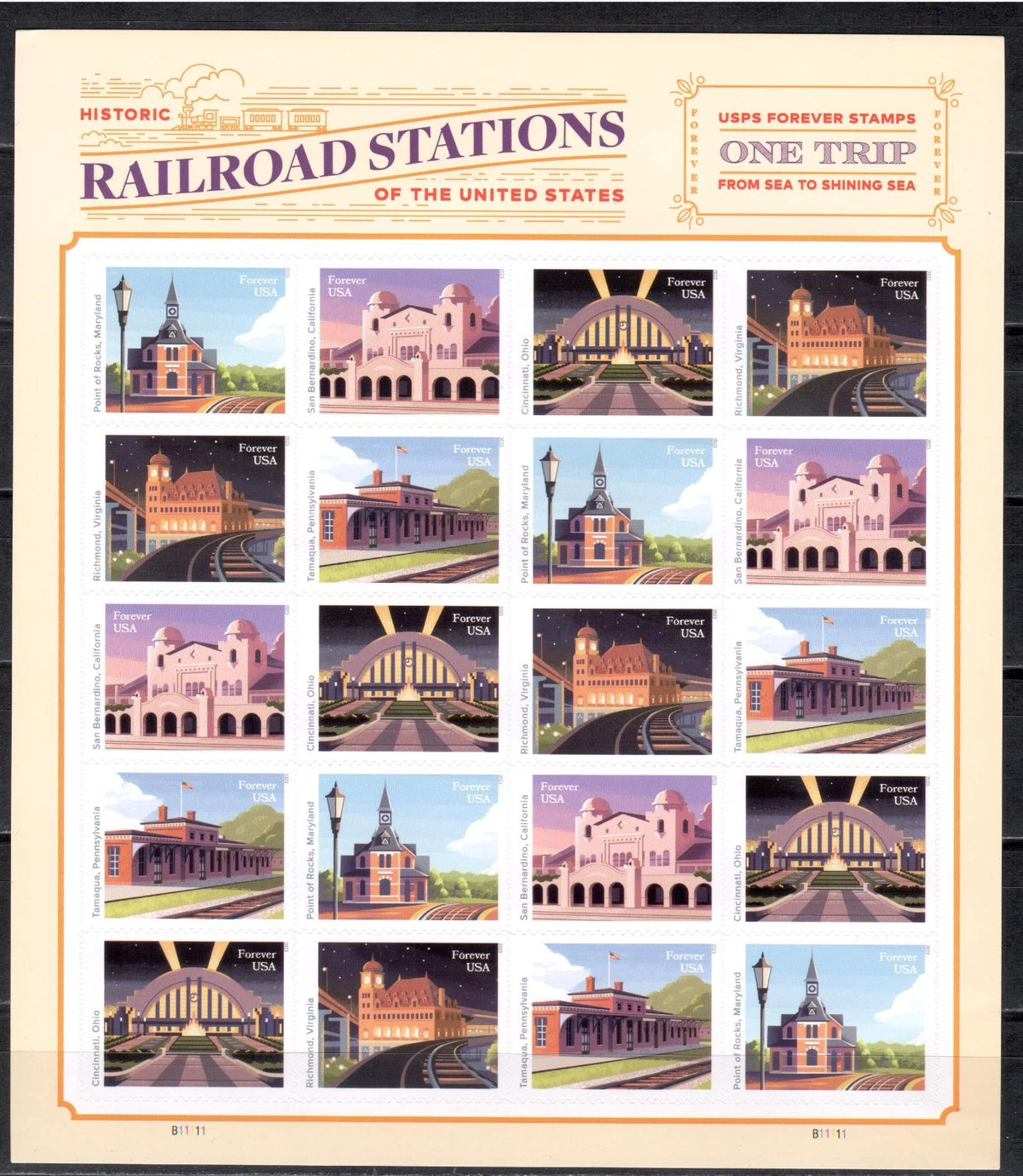 2023 USPS Railroad Stations Forever Stamps Pane of 20