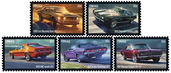 USPS 2022 Pony Cars Forever Stamps Sheet of 20 - Mint (5 Designs, Scott #5715-5719)