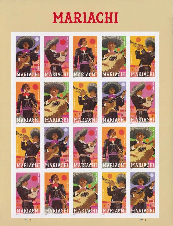 USPS 2022 Mariachi Forever Stamps Sheet of 20 - Mint (5 Designs, Scott #5703-5707)