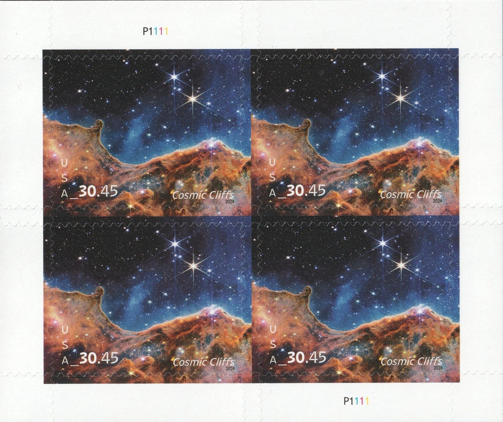 A set of four "Cosmic Cliffs" Priority Mail Express stamps issued by the United States Postal Service in 2024.