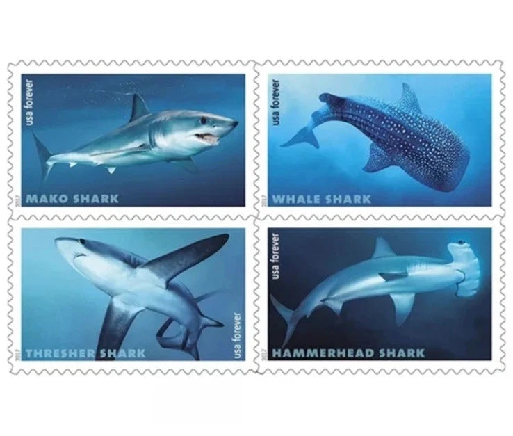 2017 USPS Sharks Forever Stamps Pane of 20 (5 Designs)
