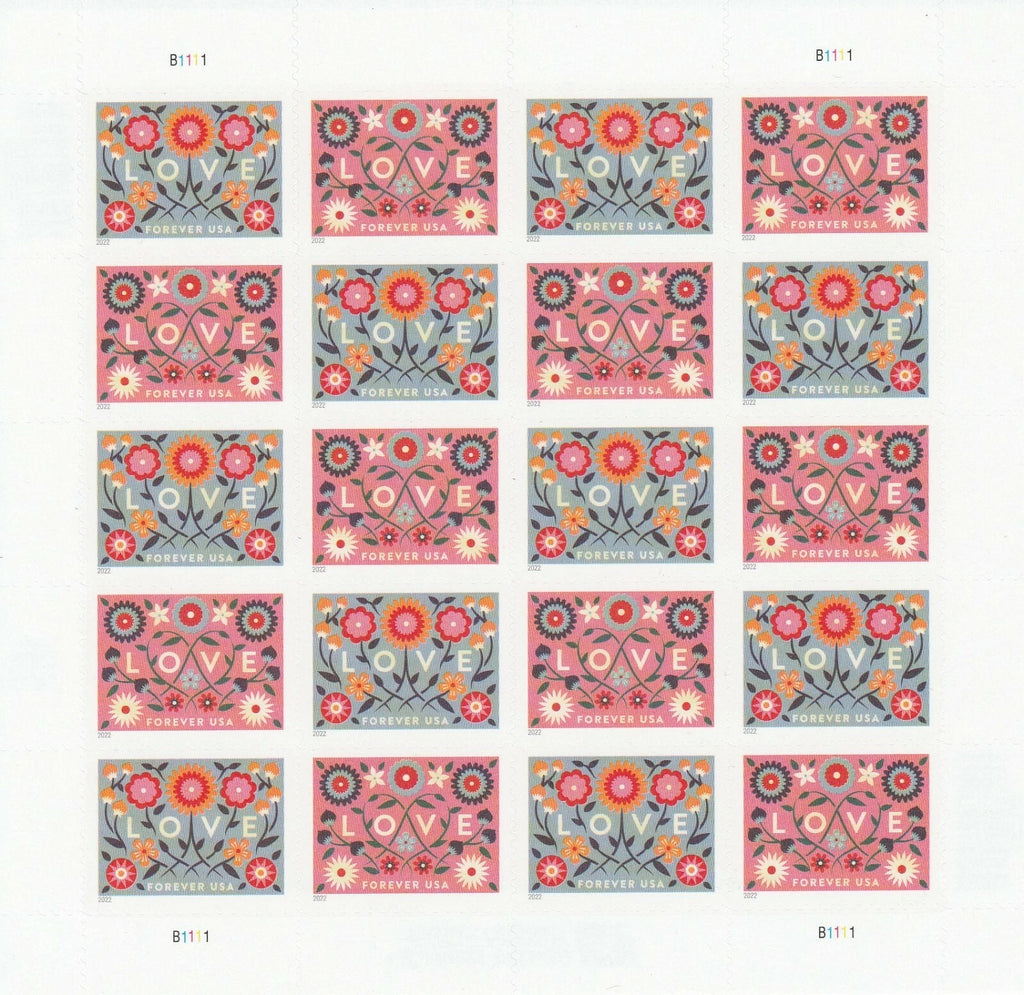 USPS 2022 Love Forever Stamps Sheet of 20 - Mint (Pink Design, Scott #5661)