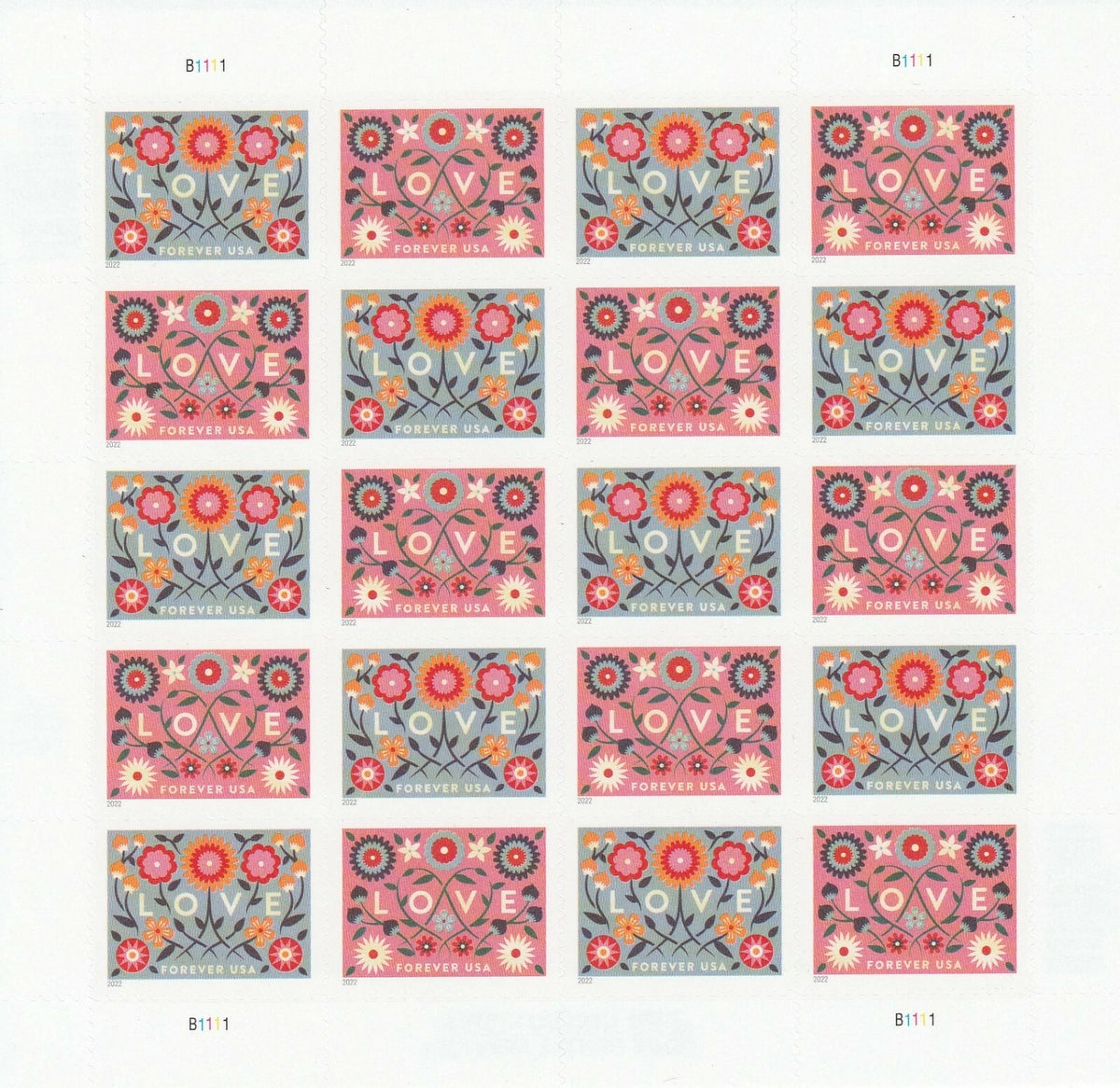 USPS 2022 Love Forever Stamps Sheet of 20 - Mint (Pink Design, Scott #5661)