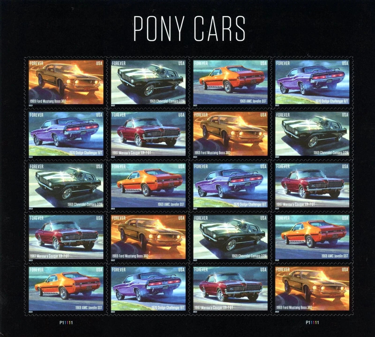 USPS 2022 Pony Cars Forever Stamps Sheet of 20 - Mint (5 Designs, Scott #5715-5719)