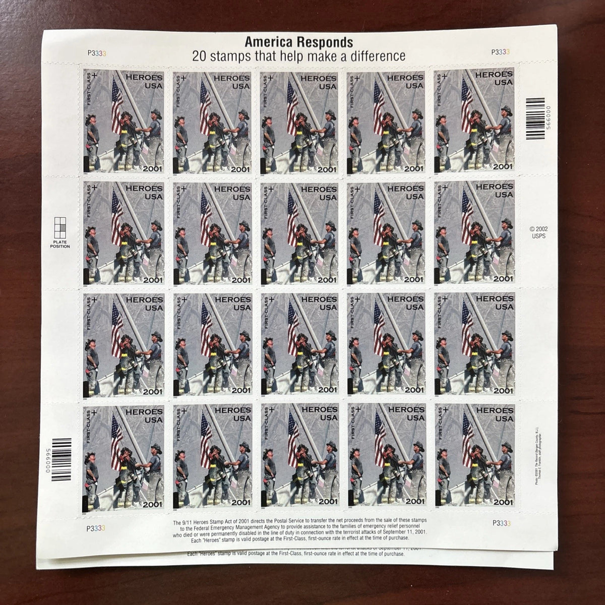 USPS Heroes of 2001 Semipostal Stamps Sheet of 20