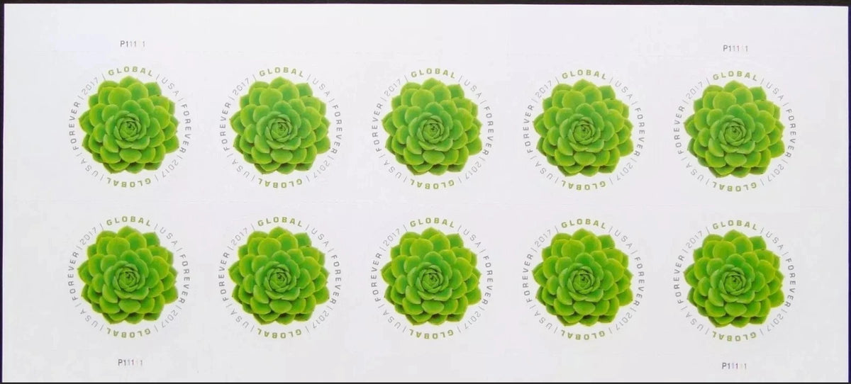 2017 USPS Green Succulent Global Forever Stamps Pane of 10